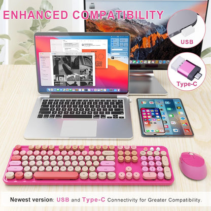 Wireless Keyboard and Mouse Combo, Ergonomic Full Size Typewriter Retro Round Keycaps Keyboard, Compatible with Windows, PC, Perfer for Home and Office Keyboards （Red）