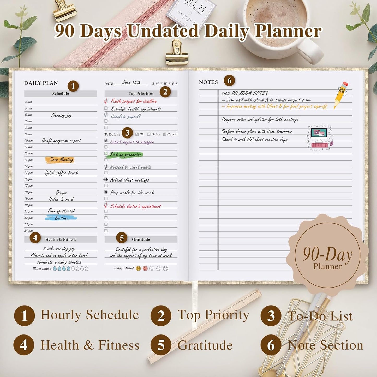 Lanpn Undated Daily Planner Hourly Schedule Notebook, 196 Pages 2 Page per Day To Do List Notebook Notepad Appointment Work Planner, Hardcover Daily Journal Organizer Book For Women 7.7" x 9.3" Green