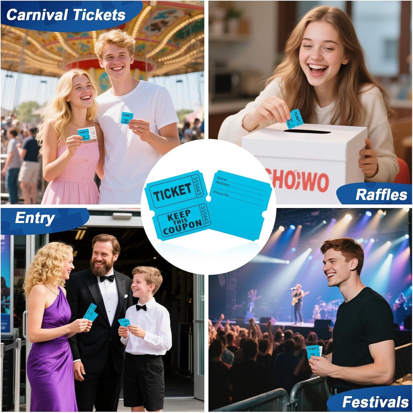 200PCS Double Roll Raffle Tickets - 50/50 Raffle Tickets Perforated Line Consecutive Numbers Tearable Writable Suitable for Raffles, Events, Carnivals, Entry, Lottery, Prizes, Blue