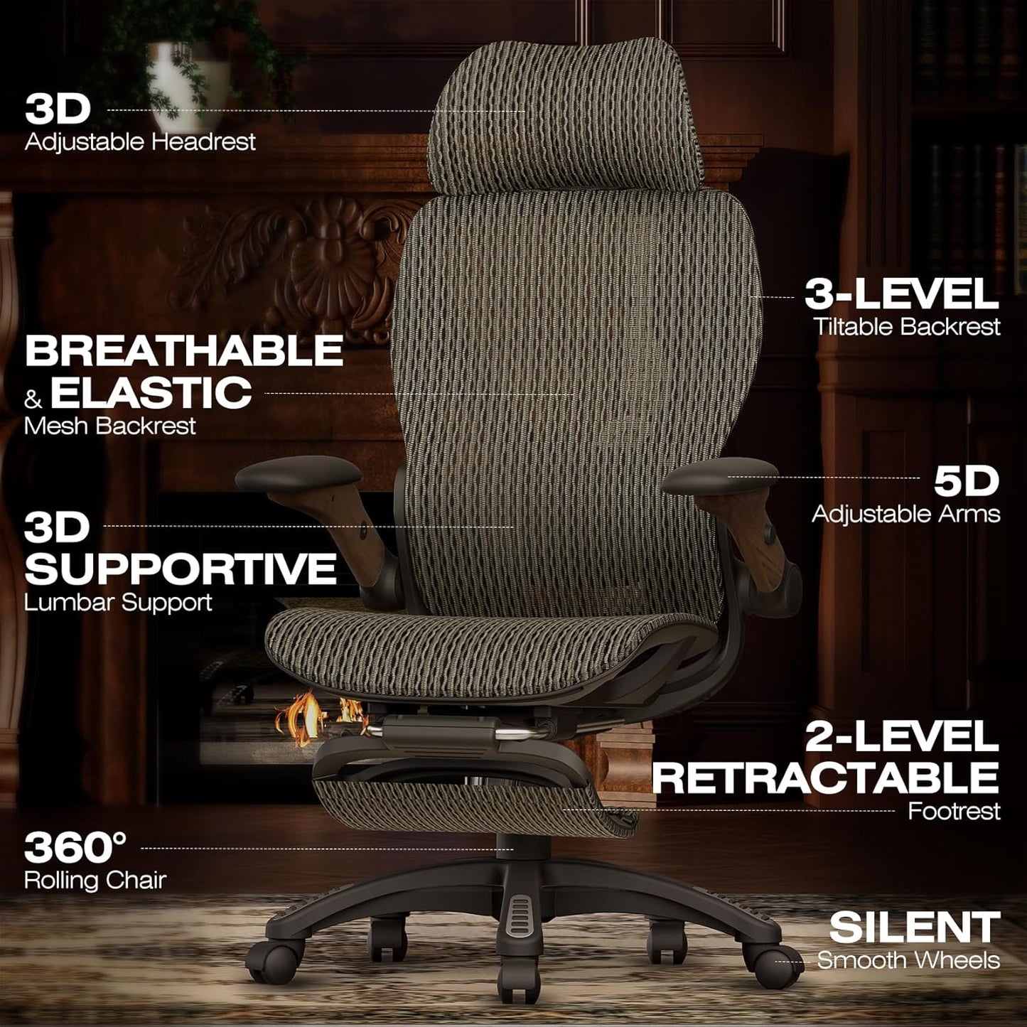 ELABEST X100 Ergonomic Office Chair with Footrest, Big and Tall Home Desk Chair with 5D Flip-Up Arms, Adjustable 9D Lumbar Support,High Back Rolling Computer Chair, Swivel Mesh Chairs (Coffee Break)