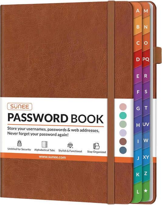 SUNEE Password Book with Colorful Alphabetical Tabs, Password Books for Seniors, Password Keeper Book for Computer and Internet Address Website Login, 5.3''x 7.7''- Brown