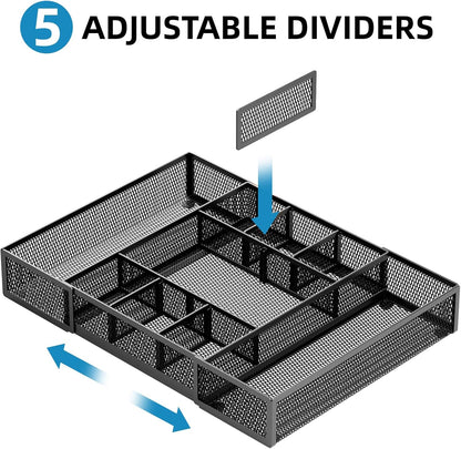 Marbrasse Expandable Desk Drawer Organizer, Mesh Drawer Organizer Tray with 10 Adjustable Compartments, Desk Organizers and Accessories, 5 Dividers Drawer for Office Supplies, Makeup & Vanity (Black)