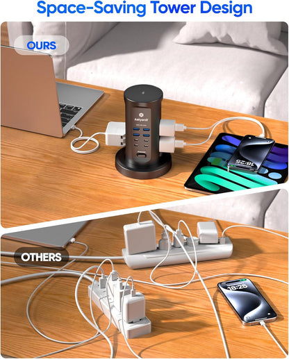 Power Strip Tower, kakyanill Surge Protector Tower 10 AC Outlets 8 USB (4 USB C), 6 Ft Retractable Extension Cord, Charging Station for Office Dorm Room, Black