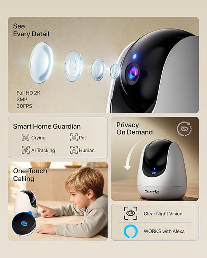 Tenda CP3 Pro 2K Indoor Security Camera with WiFi 6 & AI Baby/Pet Detection – Baby Monitor, Pet Camera for Home, One-Touch Calling, Night Vision, Military-Grade Encryption, No Subscription Needed
