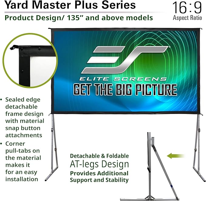 Elite Screens Yard Master Plus, 275-INCH 16:9 Height Setting Adjustable Portable Projector Screen, 4K HD Outdoor Indoor Movie Theater Front Projection, US Based Company 2-Year Warranty, OMS275H2PLUS