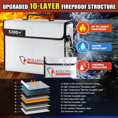 ROLOWAY Fireproof Document Bag 5200°F Heat Insulated (15 x 12 x 5 inches), Fireproof Bag with Fireproof Money Bag for Cash Safe, Fireproof Document Box, Fireproof Safe Bag for Document Safe