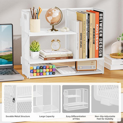 Marbrasse 3-Tier Desk Shelf Organizer with Handle, Desktop Bookshelf File Holder, Mesh Display Shelf Organizer Storage Rack for Office, Home, Supplies, Kitchen (White)