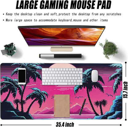 Desk Mat, Tropical Sunset and Palm Trees Extended Large Gaming Mouse Pad for Desk XXL, Non-Slip Rubber Base Stitched Edges Long Computer Keyboard Desk Pad Mouse Mat for Home Office Gaming 35.4"X15.7"
