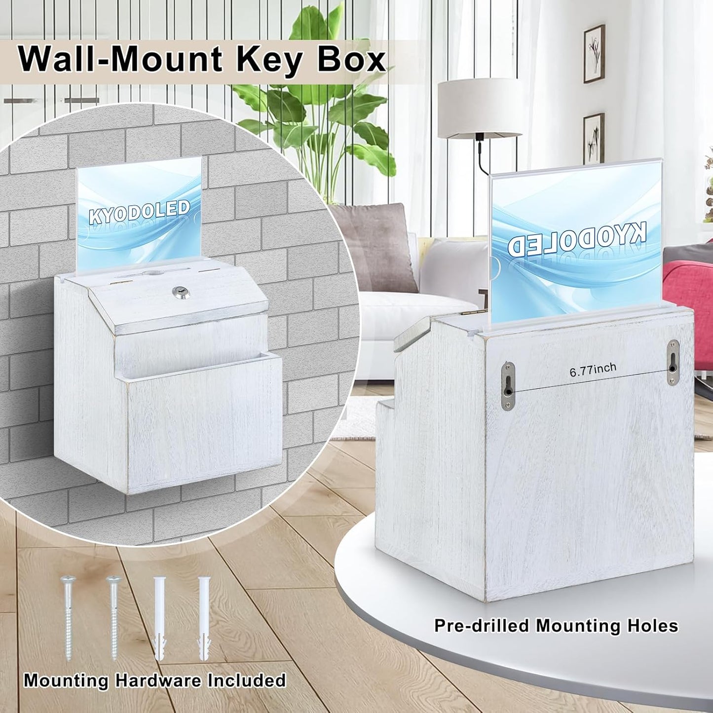 KYODOLED Wood Suggestion Box with Lock, Rustic White Ballot Box Donation and Key Drop Box with Acrylic Sign Holder and 30 Free Suggestion Cards, Wall Mounted or Freestanding, 9H x 6.9W x 8.5L Inch