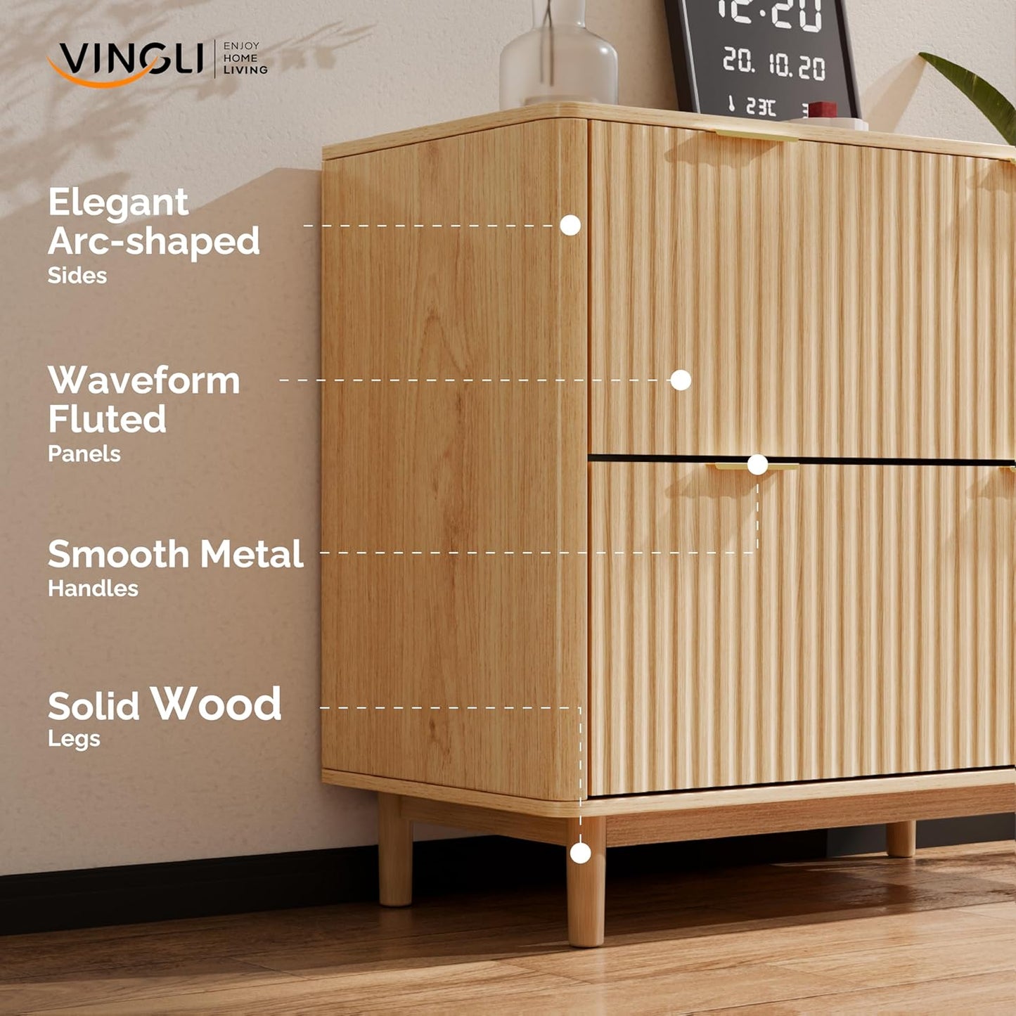 VINGLI 2 Drawer File Cabinet, Home Office Filing Organizer, for Letter Legal A4 Size File Folder Storage, Modern Style Fluted Design, Wood Lateral Filing Cabinet, Printer Stand, Archivador (Oak)