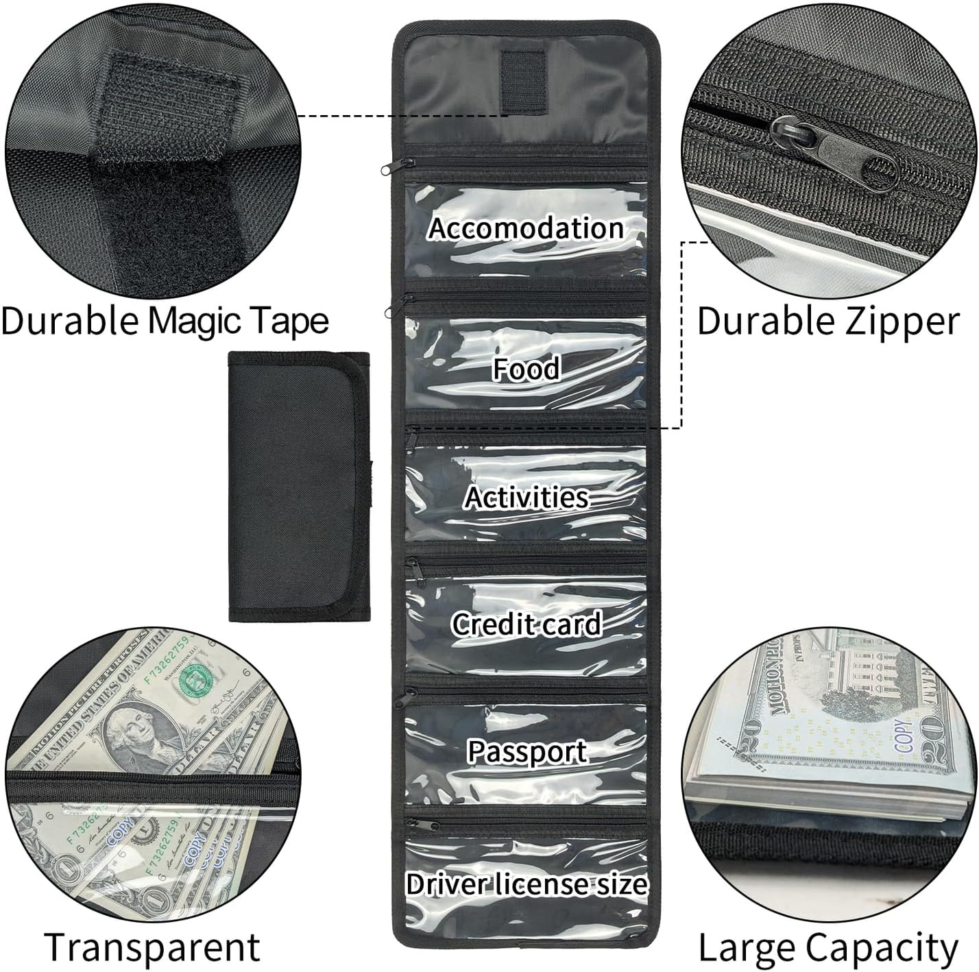 VOCHIC Money Wallet, Money Organizer for Cash with 6 Zippered Pocket Multipack Money Pouch, Cash Bill Organizer, Money Bag Small Travel Money Holder for Budgeting, Receipt and Tips (Black)