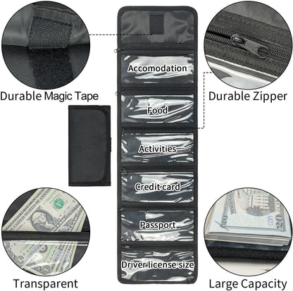 VOCHIC Money Wallet, Money Organizer for Cash with 6 Zippered Pocket Multipack Money Pouch, Cash Bill Organizer, Money Bag Small Travel Money Holder for Budgeting, Receipt and Tips (Black)