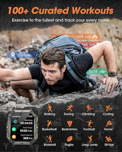 Military Smart Watches for Men (Answer/Make Calls), Watches for Men with Blood Pressure/Heart Rate/Sleep/100+ Sport Modes, 2.02'' Fitness Smart Watch, Waterproof Fitness Tracker for Android and iPhone