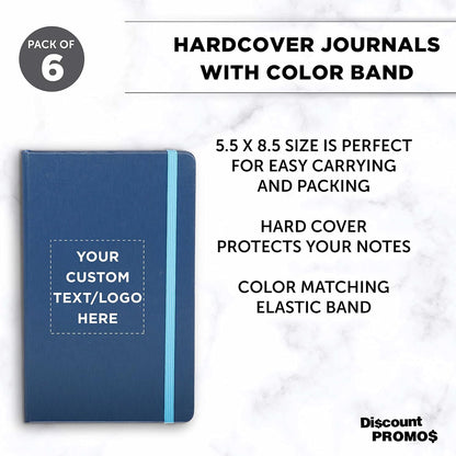 DISCOUNT PROMOS Custom Hardcover Notebook Journals with Elastic Colored Band Set of 6, Personalized Bulk Pack - Perfect for School, Office, Home - Blue