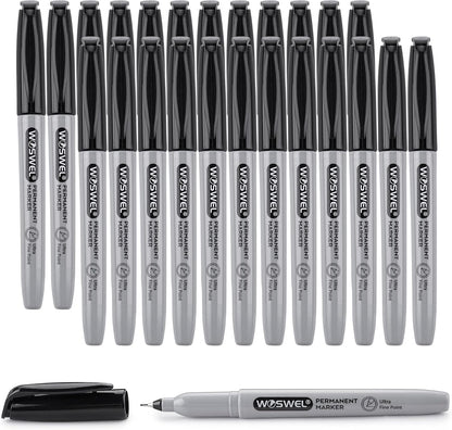 Ultra Fine Permanent Marker Bulk,24 Pack Ultra Fine Point Black Permanent Marker set, Felt Tip Pens Works on Plastic, Wood, Stone, Metal and Glass for Doodling, Marking