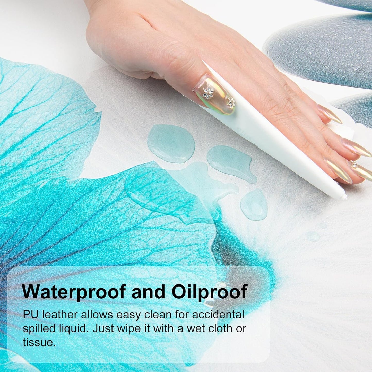 QIYI Desk Pad, Non-Slip PU Leather Desk Blotter Protector, Kids Floral Print Waterproof Computer Desk Mat, Thick Home & Office Large Keyboard Mouse Pad 31.5" x 15.7" - Pebbles & Blue White Flowers