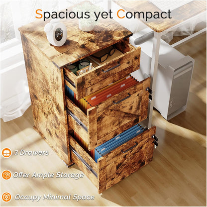 VINGLI 3 Drawer File Cabinet with Lock, Home Office Filing Organizer, for Letter Size File Folder Storage, Modern Farmhouse Style, Wood Vertical Filing Cabinet, Archivador (Rustic Brown)
