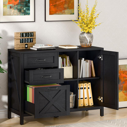Lateral File Cabinet with 3 Drawers and Door, Farmhouse File Cabinet with Adjustable Shelf for Letter/A4 Size Hanging Files, Printer Stand with Storage Cabinet for Home Office Furniture, Black