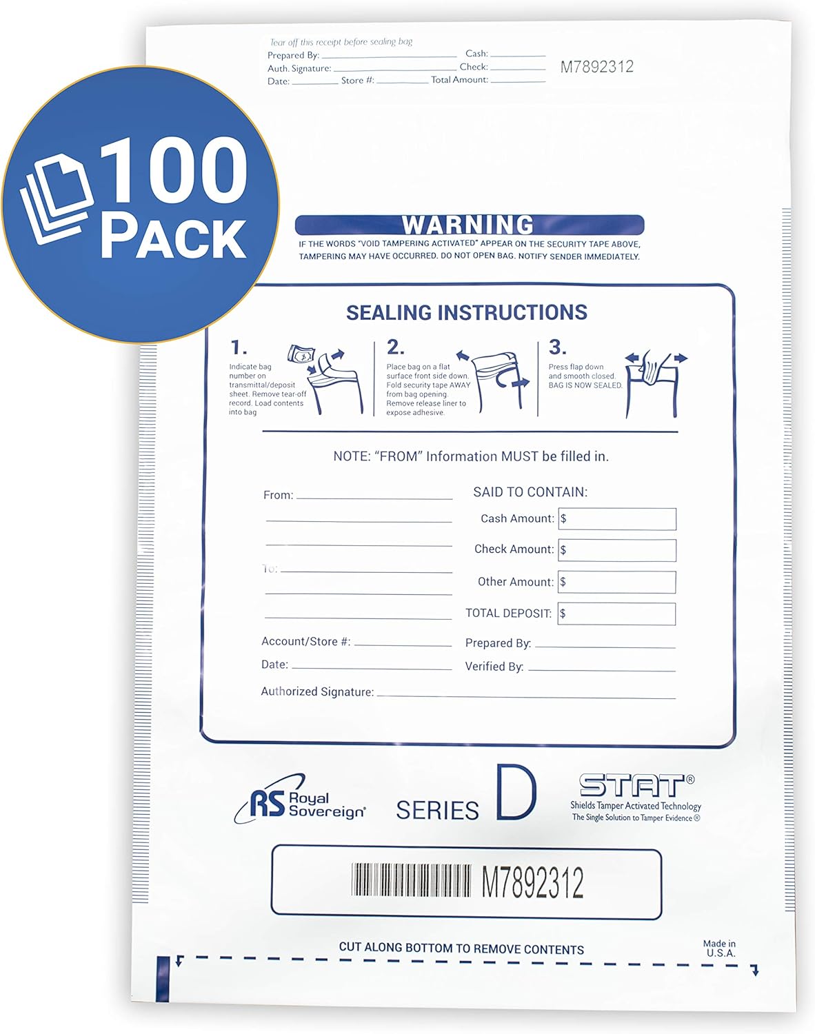 Royal Sovereign 12 x 16 White Deposit Bags 100 Pack (RMTE-1216DW)