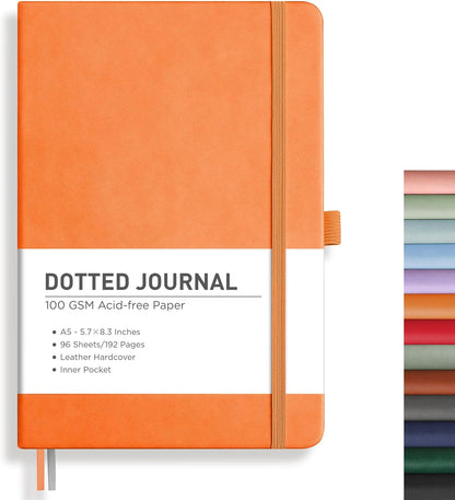 RETTACY Bullet Dotted Journal Notebook, 192 Pages, A5 Medium Size (5.7'' x 8.3''), Leather Hardcover, 100 GSM Thick Paper, for Bullet Journaling, Planning, Tracking (Orange)