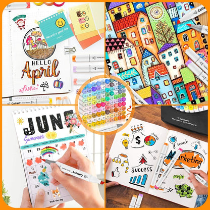 Caliart 51 Colors Brush & Fine Alcohol Markers for Adult Coloring Book, Dual Tip Artist Sketch Art Markers, Aesthetic Cute Preppy Stuff School Supplies, Pens for Lettering Drawing Cards Planner