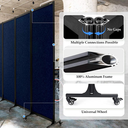 Upgrade Version Room Partition and Divider, Freestanding Rolling Dividers with Wheels,Office Privacy Screen Divider Wall,Classroom Felt Dividers,6'L* 6'7"H,3 Panel,Blue