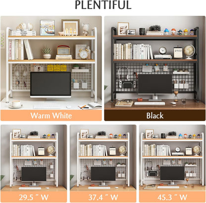 IOTXY 2-Tier Desktop Hutch Bookshelf - Metal Desk Shelf Bookcase with Grid Panel, Countertop Storage Organizer Rack for Dorm or Office, White, 45.3" W