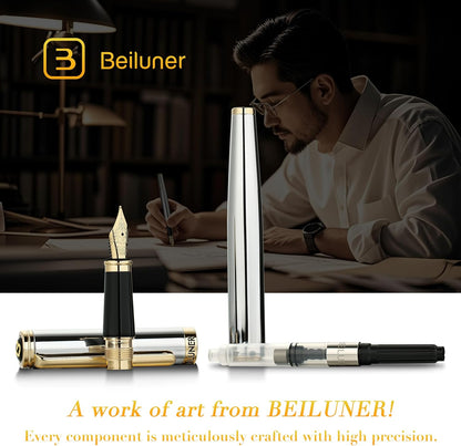 BEILUNER Silver Chrome Fountain Pen,Stunning Luxury with 24K Gold Accents, Gorgeous 24K Gilded Nib(Medium), Fancy Pen Gift for Men&Women -Ink Converter-Elegant, Office,Nice Pen for Writing
