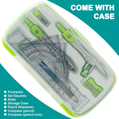 Geometry Compass Kit Starter Maths Set with 2 Drafting Compasses Protractor Set Squares Ruler and More for Students Maths Study, Green