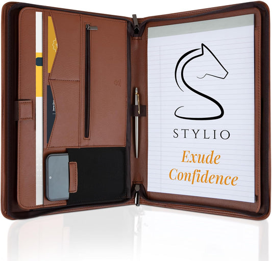 STYLIO Zipper Padfolio Portfolio Binder Organizer (Tan Color) | Faux Leather Portfolio for Resume, Documents, Phone, Tablet, Business Supplies and Cards | Letter Sized Notepad Included | Brown