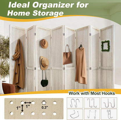 NicBex 8 Panel Pegboard Display,5.6FT Wood PegBoard Room Dividers,Folding Privacy Screens Portable Freestanding Display Board for Craft/Art Shows,Room Separation,Natural Wood