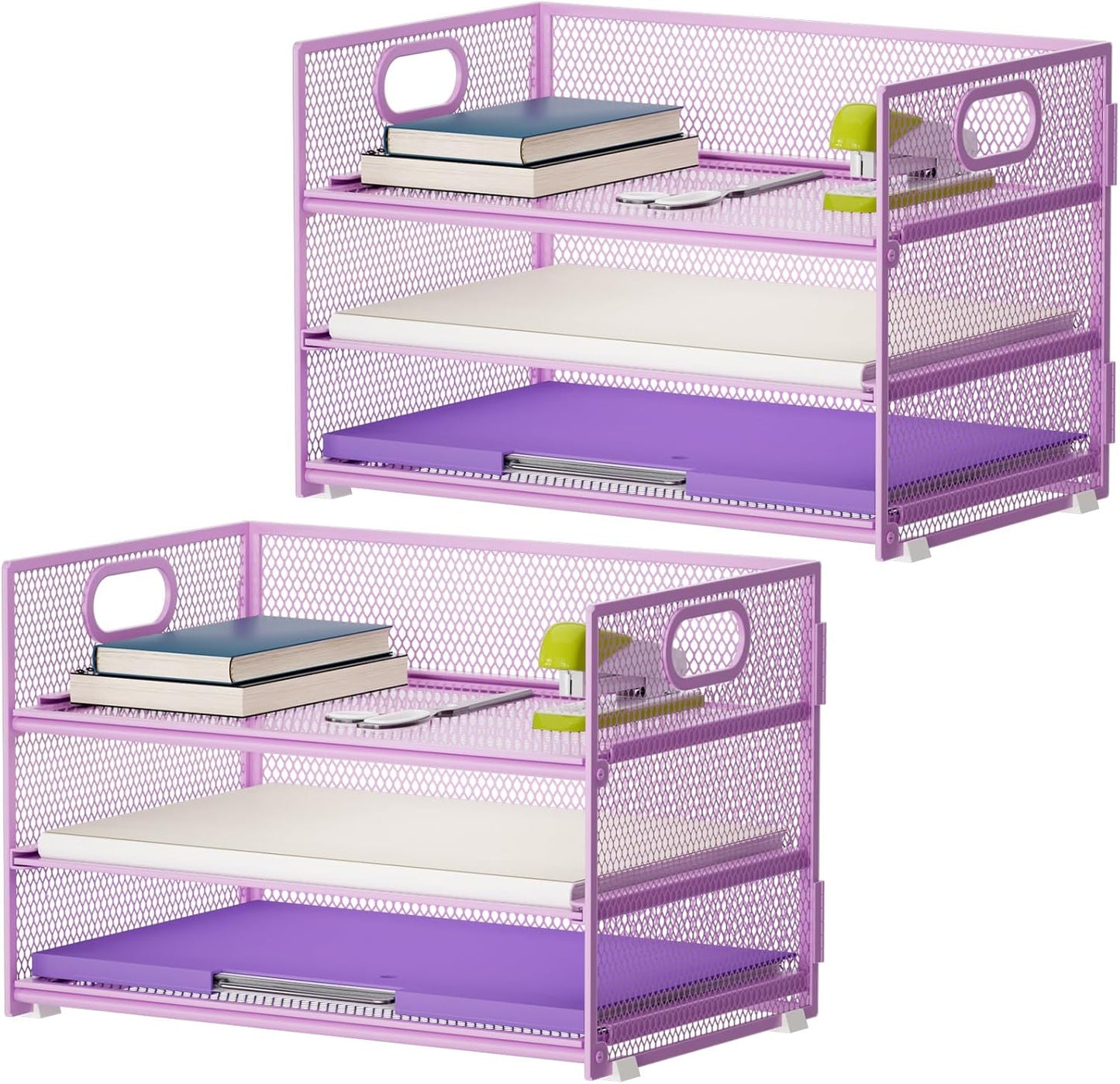 Marbrasse 3 Tier Paper Organizer Letter Tray, Mesh File Organizer with Handle, Paper Sorter Desk Organizer for Home Office Supplies - 2p Purple