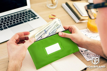 Money Bank Deposit Bag with Zipper | 11x6 inch | Light Green | Durable Leatherette Money Cash Coin Check Wallet Pouch for Men & Women with Framed ID Window and Blank Card | by GIDABRAND (5)