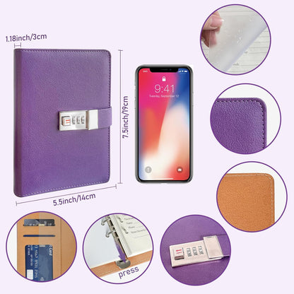 Refillable Password Book with Alphabetical Tabs & Lock, 7.5x5.5in, Hardcover Password Keeper Book of Internet Website, Password Notebook & Organizer for Home Office, w/Pockets, Purple