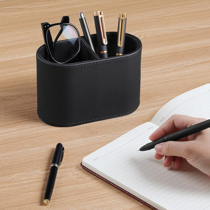 PU Leather Pen Holder for Desk, Small Remote Control Holder Pencil Cup Multifunctional Desktop Organizer Caddy for Home School Office Desk Accessories - 2 Compartments (Black)