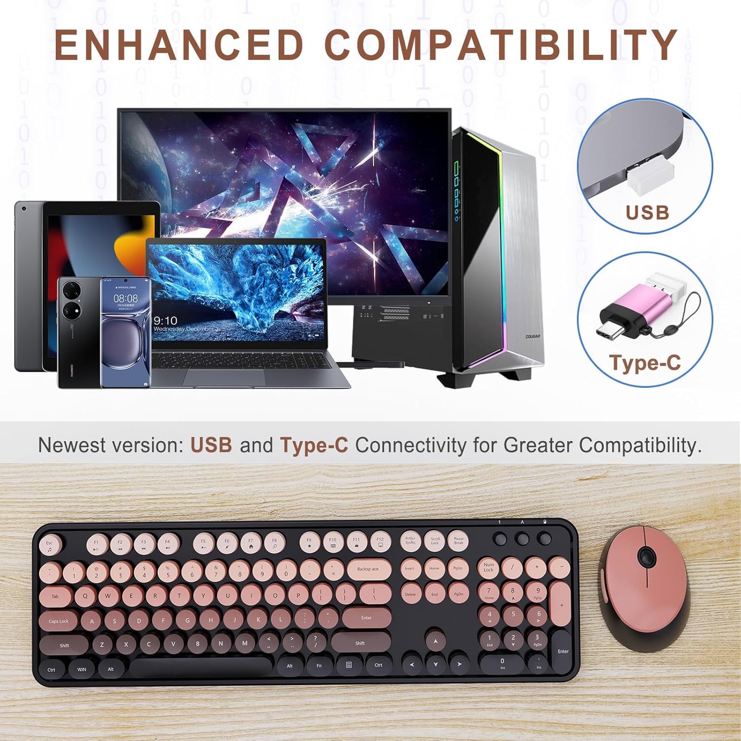 Wireless Keyboard and Mouse Combo, Ergonomic Full Size Typewriter Retro Round Keycaps Keyboard, Compatible with Windows, PC, Perfer for Home and Office Keyboards (Aurora Red)