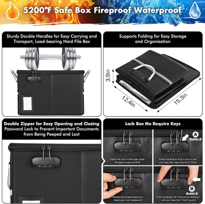 TOMKID 5200°F Fireproof Document Box, Fire Important Document Organizer with Lock, Upgraded Heat Insulated Filing Storage Cabinet Office Organization (5200°F Fireproof Box, Black)