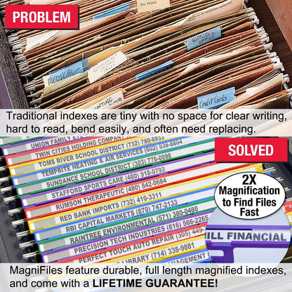 Ultimate Office MagniFile Insertable Hanging File Folder Tabs. Indexes That Double The Size of Your File Titles to Find Files Fast! (Set of 10), Assorted