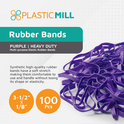 PlasticMill Purple Rubber Bands Size 33 (3 1/2" x 1/8") - #33 Colored Rubber Bands Office Supplies - Strong, Elastic Bands for Crafts, Balloon Garland, Cash, File Folders (100-Pack)