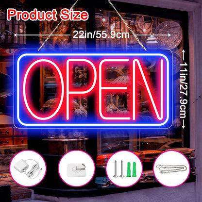22" X 11" Led Neon Open Signs for Business Ultra Bright Plug In Electric Light Up Large Open Signs with ON/OFF Switch and 12V/2A AC Adapter for Storefront Window Bar Salon Coffee Stores (Horizontal)
