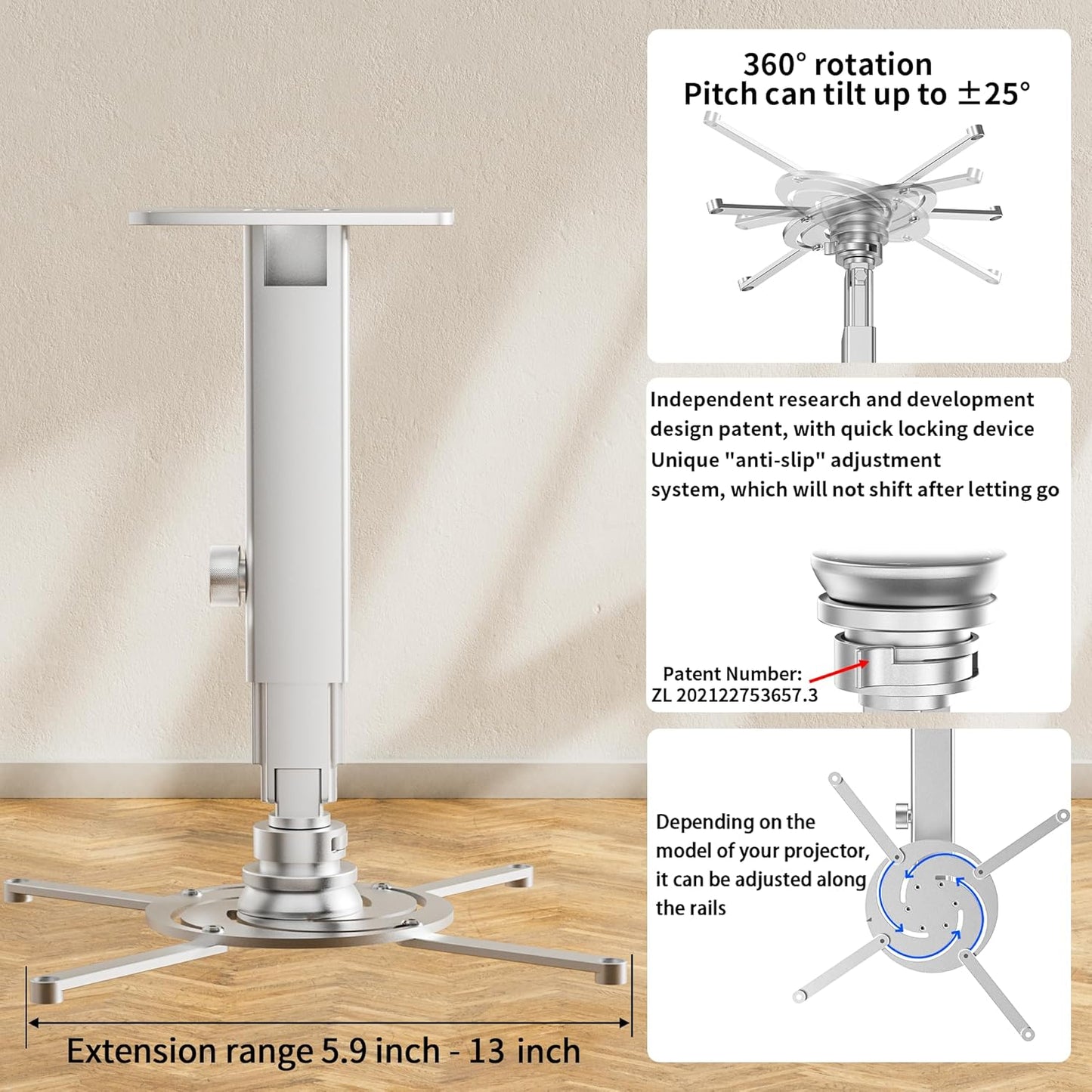 Projector Mount Wall with Multi-Hole Design, Adjustable Universal Ceiling Mount for Home Theater, Office, Classroom, Load 55 lbs - Silver