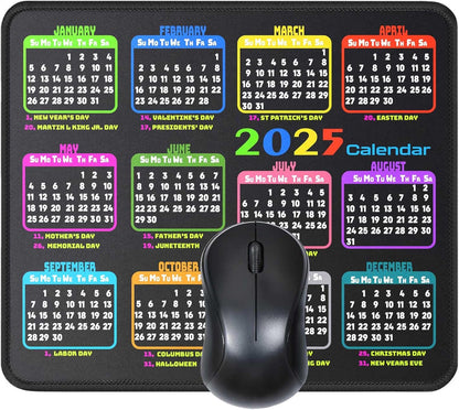 Calendar Mouse Pad 9.5 X 7.8 in, Mouse Pads with Stitched Edges and Non-Slip Rubber Base, Home Office Desk Decor Accessories for Computer Laptop Work Gaming (Black 2025 with Holidays)