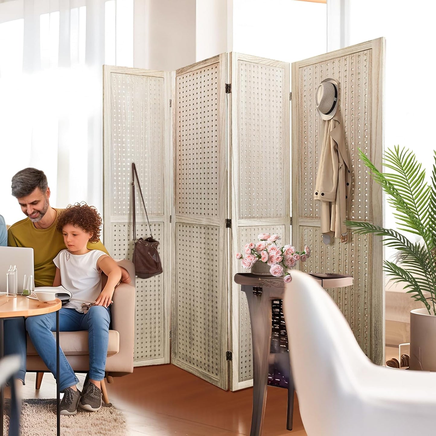 Room Divider, 5.6FT Folding Room Divider Panel, 4 Panel Pegboard Display Wood Partition Wall Divider for Room Separation& Craft Shows, Natural Wood
