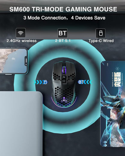 SM600 Honeycomb Shell Gaming Mouse Wireless,8000 DPI Tri-Modes BT5.1/2.4G Wireless/Type-C Wired Gamer Mouse with 2 Side Buttons, Macro Programmable and RGB Light for PC/Mac/Laptop,Black
