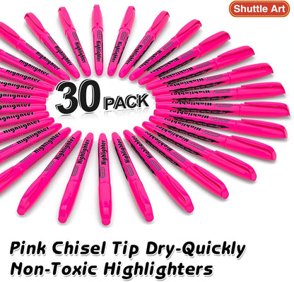 Shuttle Art Highlighters, 30 Pack Highlighters Bright Colors, Pink Colors Chisel Tip Dry-Quickly Non-Toxic Highlighter markers for Adults Kids Highlighting in the Home School Office