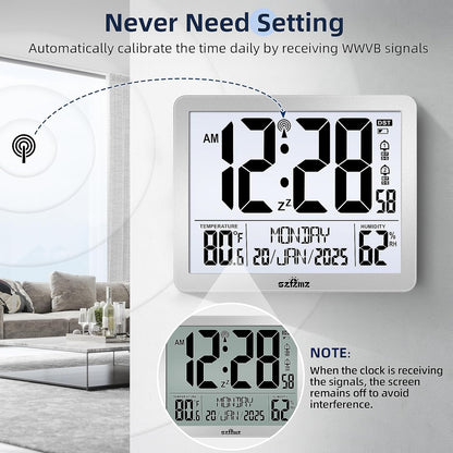 Digital Wall Clock Battery Operated with Backlight, Atomic Alarm Clocks with Indoor Temperature & Humidity for Bedrooms, Office, 8.5" Small Desk Clock with Large Display for Seniors, Auto DST, Sliver