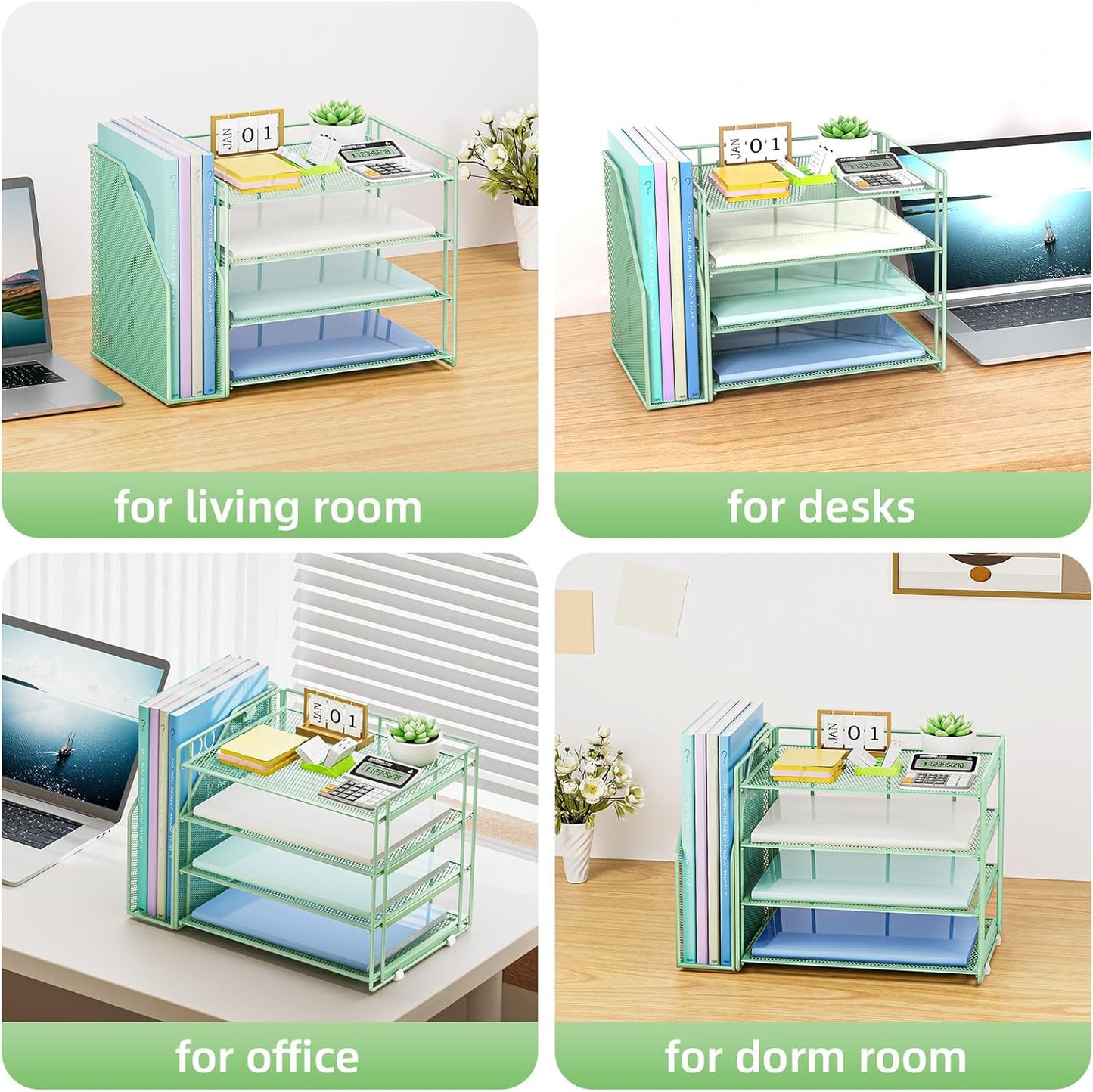 Marbrasse Desk Organizer and Accessories，4-Tier Paper Letter Tray Organizer with File Holder，Desk Accessories & Workspace Desktop Organizers for School Home Office Supplies (Green)