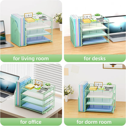 Marbrasse Desk Organizer and Accessories，4-Tier Paper Letter Tray Organizer with File Holder，Desk Accessories & Workspace Desktop Organizers for School Home Office Supplies (Green)