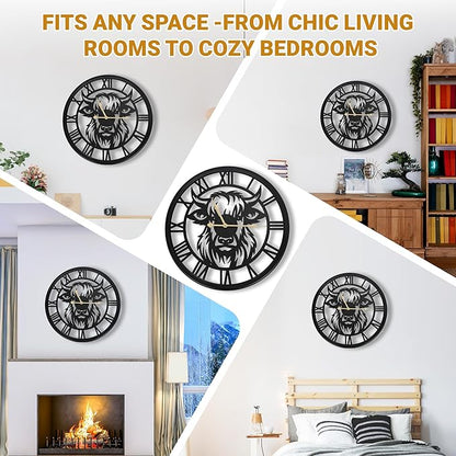 30inch Large Wall Clocks for Living Room Decor,Big Wall Clocks Battery Operated, Slient Black Metal Decorative Oversized Wall Clock for Bedroom, Kitchen (Highland Bull Wall Clock, 30 Inch)