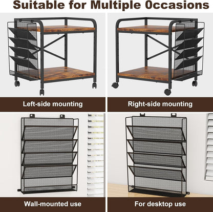 EasyCom Large Printer Stand with File Holder Organizer, Adjustable Height Shelf with Wheels, Rolling Printer Cart with Storage for Printer Scanner Fax Home Office Use Rustic Brown